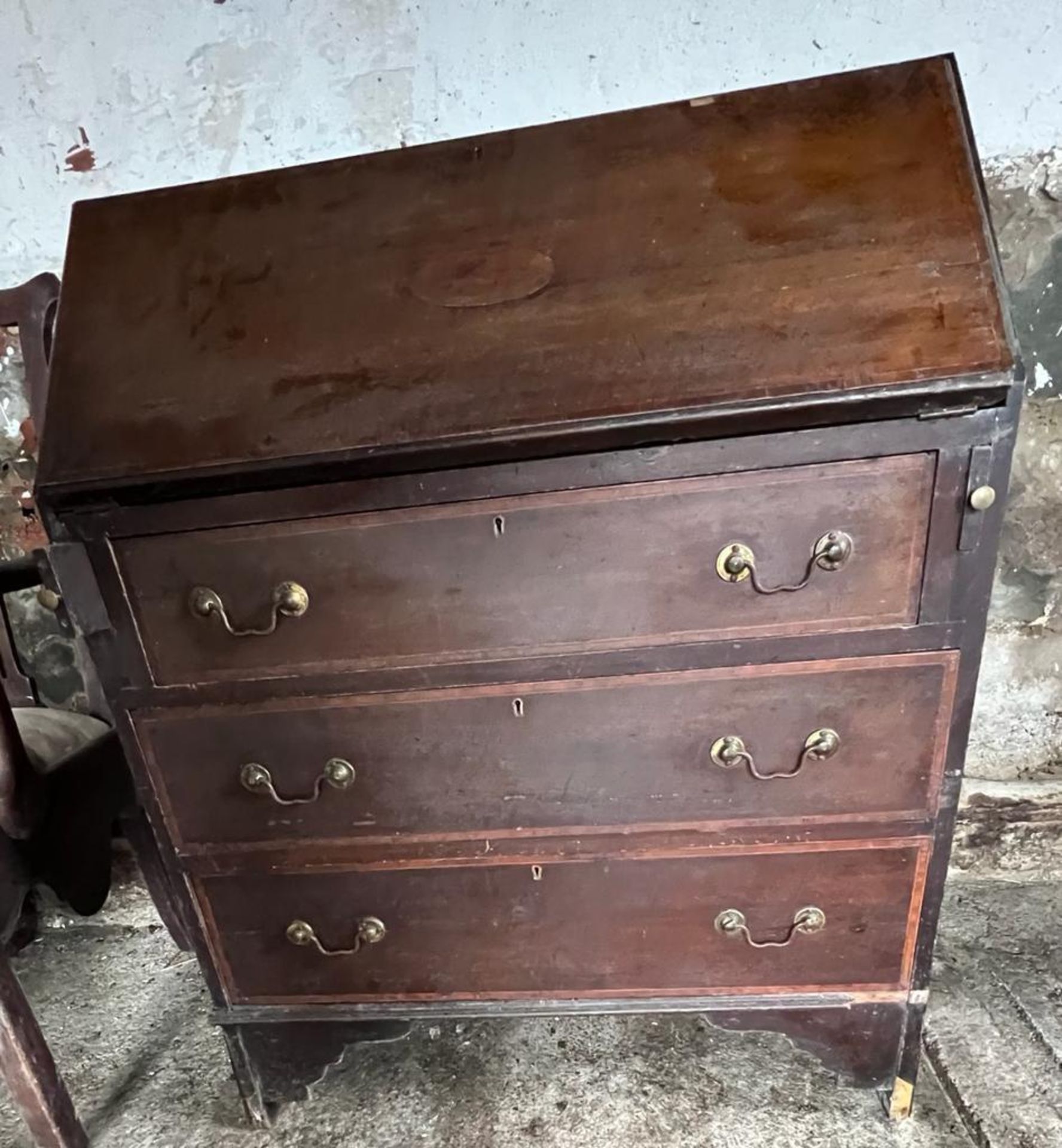 FALL FRONT BUREAU WITH 3 DRAWERS AND BRASS DROP HANDLES 38"H X 30"W X 16" DEEP. NO VAT