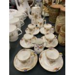 A ROSINA CHINA COFFEE SET TO INCLUDE A COFFEE POT, CREAM JUGS, COFFEE CANS AND SAUCERS