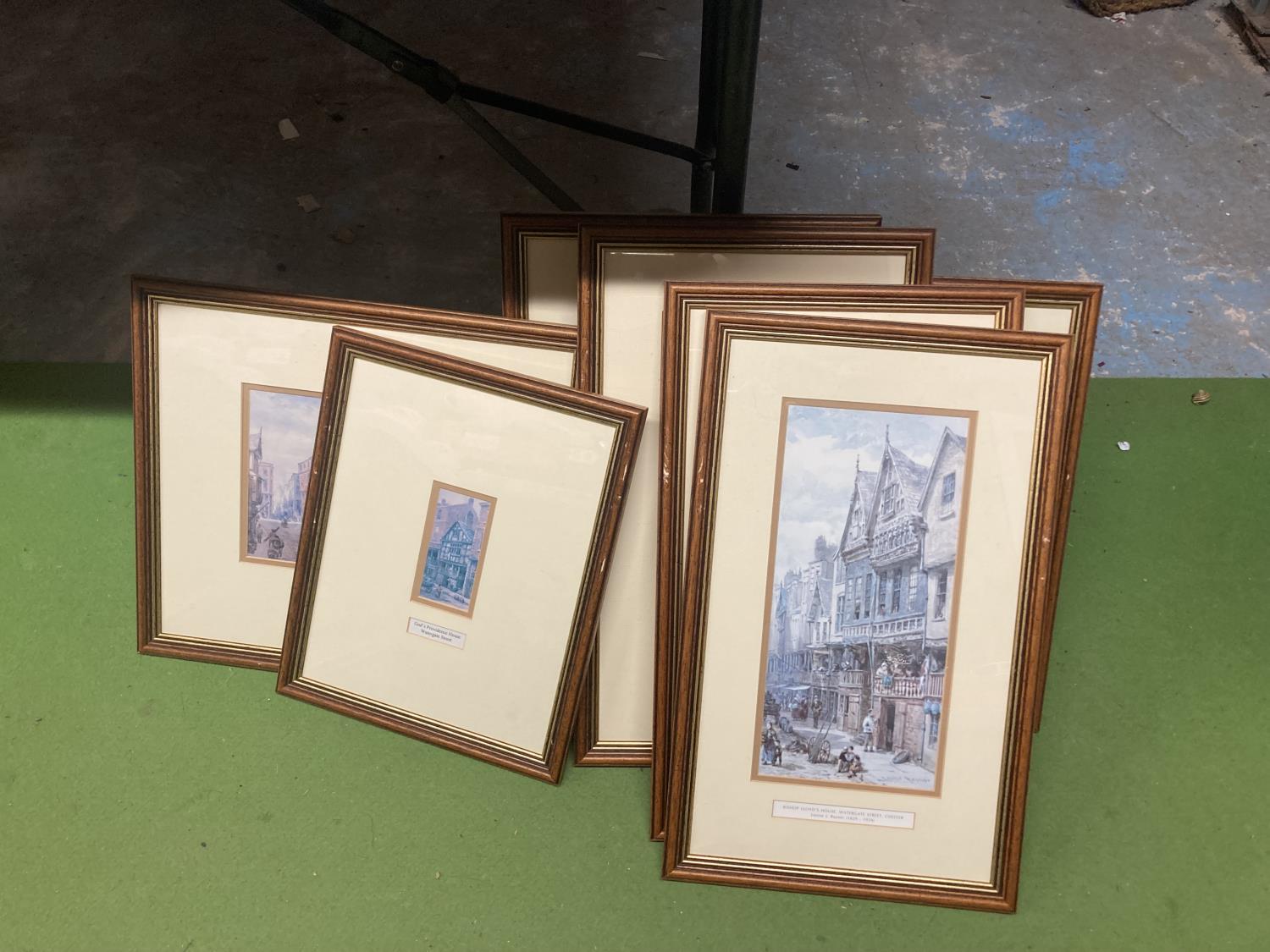 A COLLECTION OF SEVEN FRAMED PRINTS OF VINTAGE CHESTER TO INCLUDE BISHOP LLOYD'S HOUSE, WATERGATE