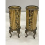 A PAIR OF VINTAGE ORMOLU AND CERAMIC SPILL HOLDERS IN A BAMBOO DESIGN
