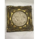 A ORNATELY FRAMED CARVED MARBLE PLAQUE ENGRAVED E W WYON DES & SCULPT 1ST JAN 1848 FRAME 30CM X 30CM