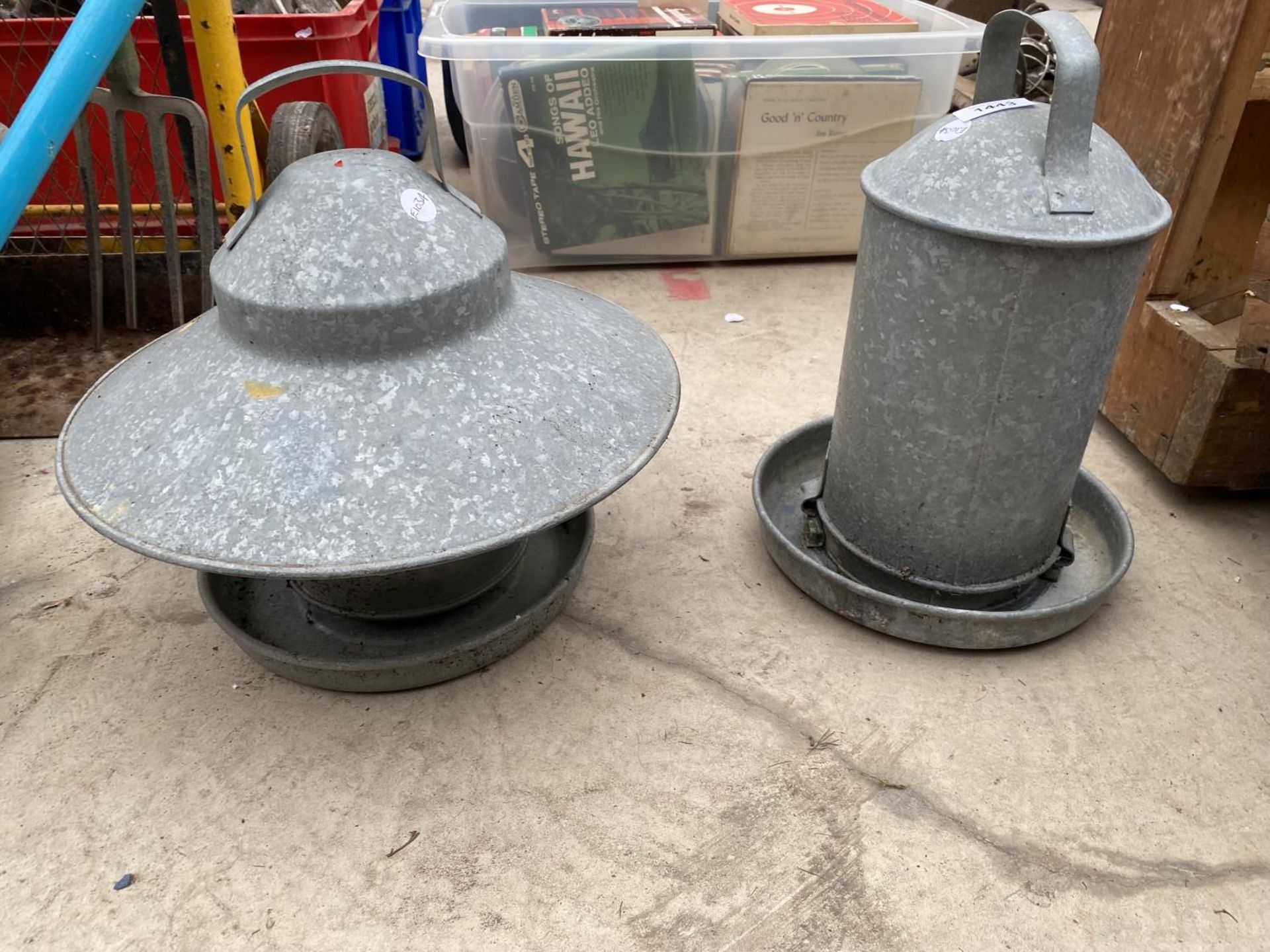 TWO GALVANISED POULTRY FEEDERS