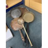 SIX VINTAGE COPPER AND BRASS PANS AND SKILLETS