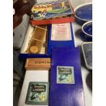 A QUANTITY OF VINTAGE GAMES TO INCLUDE SNAKES AND LADDERS, DOMINOES, TABLE TENNIS PLUS THE MARSPEN