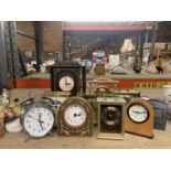 A COLLECTION OF MANTLE CLOCKS TO INCLUDE CARRIAGE CLOCKS, ETC PLUS AN ALARM CLOCK