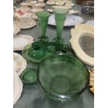 A COLLECTION OF EMERALD GREEN CLOUD GLASS TO INCLUDE A FOOTED BOWL, DRESSING TABLE SET, VASES, ETC