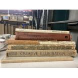 SIX VINTAGE BOOKS TO INCLUDE - ARTS STUDENTS ENCYCLOPEDIA, CREATIVE ILLUSTRATION, DOLLS