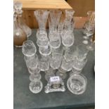 AN ASSORTMENT OF CUT GLASS WARE TO INCLUDE BRANDY BALLOONS, VASES AND TUMBLERS ETC