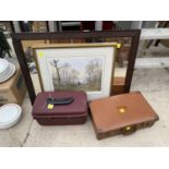 A TRAVEL CASE, FRAMED MIRROR AND FRAMED PRINT ETC