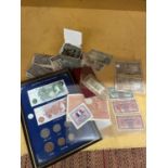 A FRAMED 'GREAT BRITAIN PRE-DECIMAL CURRENCY', A QUANTITY OF BELGIUM BANK NOTES PLUS A COLLECTION OF