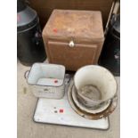 VARIOUS ENAMEL WASH BOWLS, BREAD BIN AND BUCKET AND A FURTHER VINTAGE METAL CUPBOARD