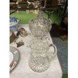 FOUR PIECES OF HEAVY CUT GLASS CRYSTAL TO INCLUDE A DECANTER, WATER JUG, BOWL AND TANKARD