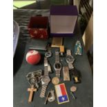 A MIXED LOT TO INCLUDE WATCHES, SEKONDA, FOSSIL, ETC, MARBLES, COMPACT, SMALL CARS, ETC