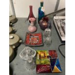 A COLLECTION OF GLASSWARE TO INCLUDE ART GLASS VASES, BELLS, PIN TRAYS, ETC