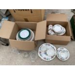AN ASSORTMENT OF CERAMICS AND GLASS WARE TO INCLUDE PLATES, TRIOS AND A BUD VASE ETC