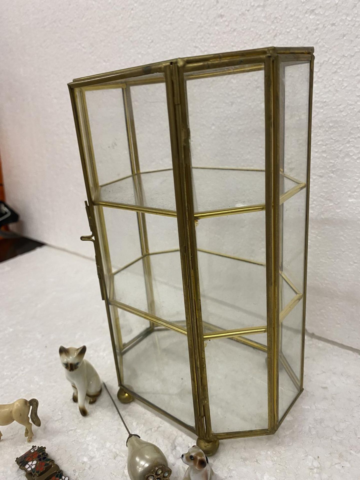 A BRASS AND GLASS SMALL DISPLAY CABINET WITH CONTENTS TO INCLUDE MINIATURE ANIMALS, A BRACELET, - Image 5 of 5