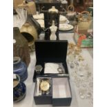 AN AS NEW BOXED BIDEN WRISTWATCH, BOXED PEN, WATCH AND NOTEBOOK SET, TWO 'LADY' JEWELLERY STANDS AND