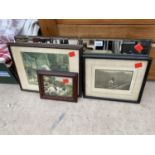 AN UNFRAMED BEVELED EDGE MIRROR AND THREE VINTAGE FRAMED PRINTS