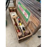 A BELIEVED COMPLETE JAQUES CROQUET SET WITH WOODEN BOX