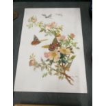 AN OPAQUE GLASS PAINTED PANEL WITH DOG ROSES AND BUTTERFLIES 35.5CM X 25CM