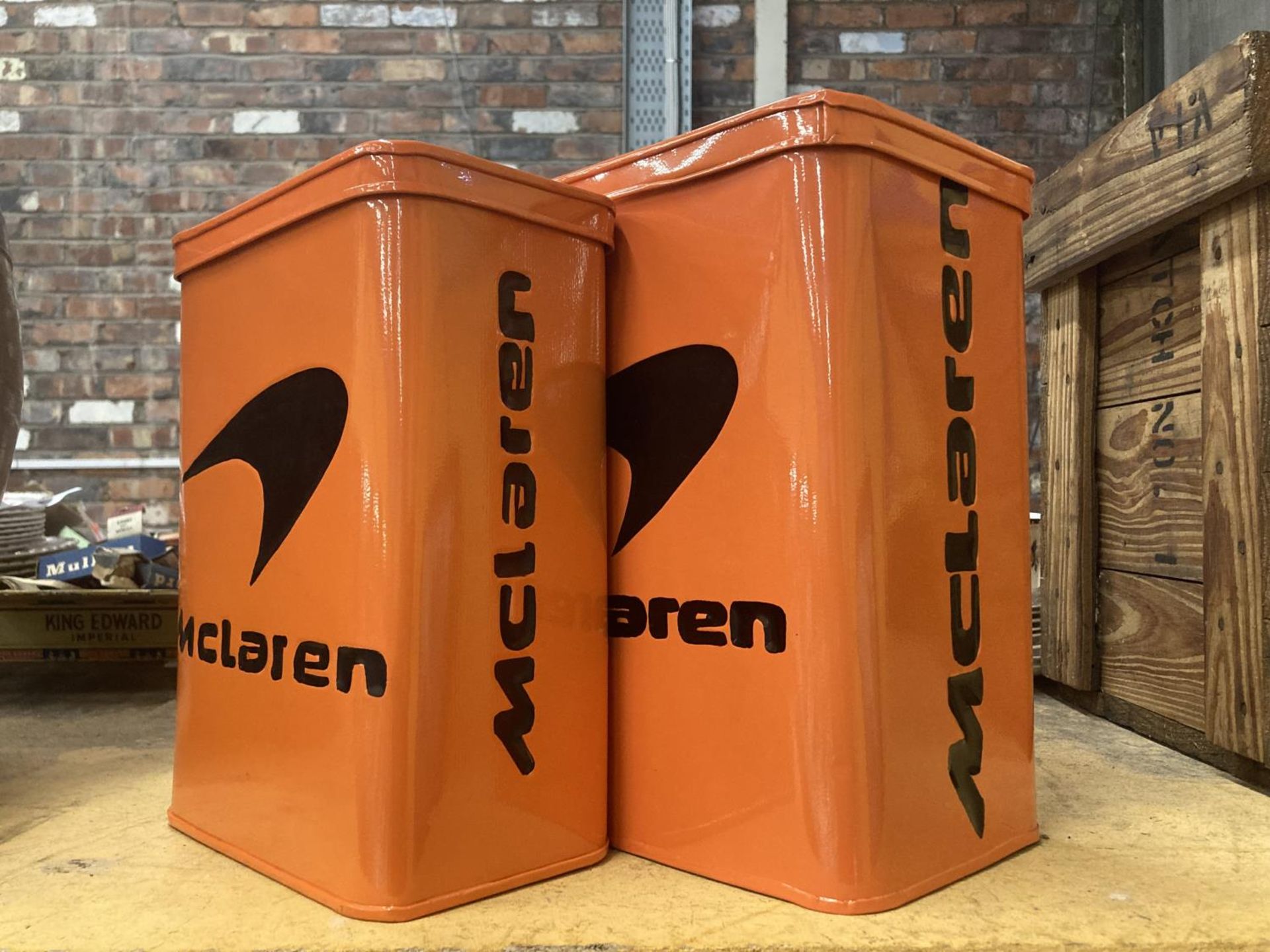 TWO ORANGE McCLAREN STORAGE TINS - Image 2 of 2