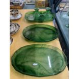 A QUANTITY OF GREEN CLOUD GLASSWARE TO INCLUDE TRAYS, CANDLESTICKS, ETC