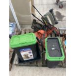 AN ASSORTMENT OF HOUSEHOLD CLEARANCE ITEMS TO INCLUDE PET FOOD CONTAINERS AND A LAWN MOWER ETC