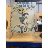 A HANDPAINTED WOODEN SIGN AUBERGE DU MOULIN DE DE LA FOLIE ON AN EASELSIZE 62CM X 51CM