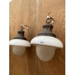 A PAIR OF VINTAGE CEILING LIGHT FITTINGS WITH GLASS SHADES