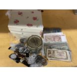 A MIXED LOT IN BOX CONTAINING COINS , BANKNOTES AND A FEW WATCHES