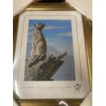 A FRAMED LIMITED EDITION PRINT OF A MEERKAT - 'SCANNING THE SKIES', 287/300 SIGNED STEPHEN GAYFORD