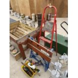 AN ASSORTMENT OF TOOLS TO INCLUDE A FOLDING WORK BENCH, A STEP LADDER AND AN ANGLE GRINDER ETC