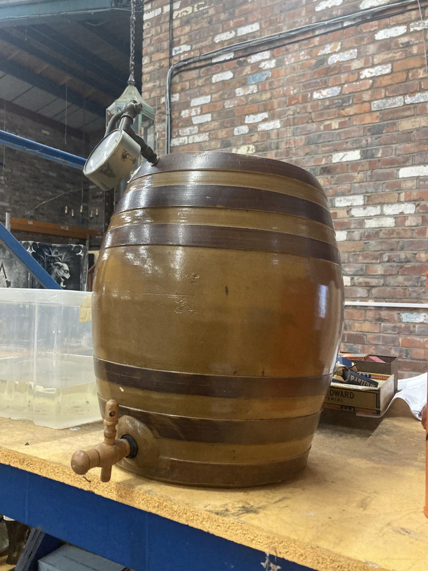 A LARGE STONEWARE BARREL WITH A WOODEN TAP AND A BOC GAUGE HEIGHT - Image 2 of 2
