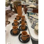 A PORTMEIRION CARAMEL COLOURED GREEK KEY DESIGN COFFEE SET TO INCLUDE A COFFEE POT, SUGAR BOWL AND