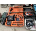 AN ASSORTMENT OF TOOLS TO INCLUDE TWO BLACK AND DECKER JIGSAWS AND A BOSCH SDS DRILL ETC