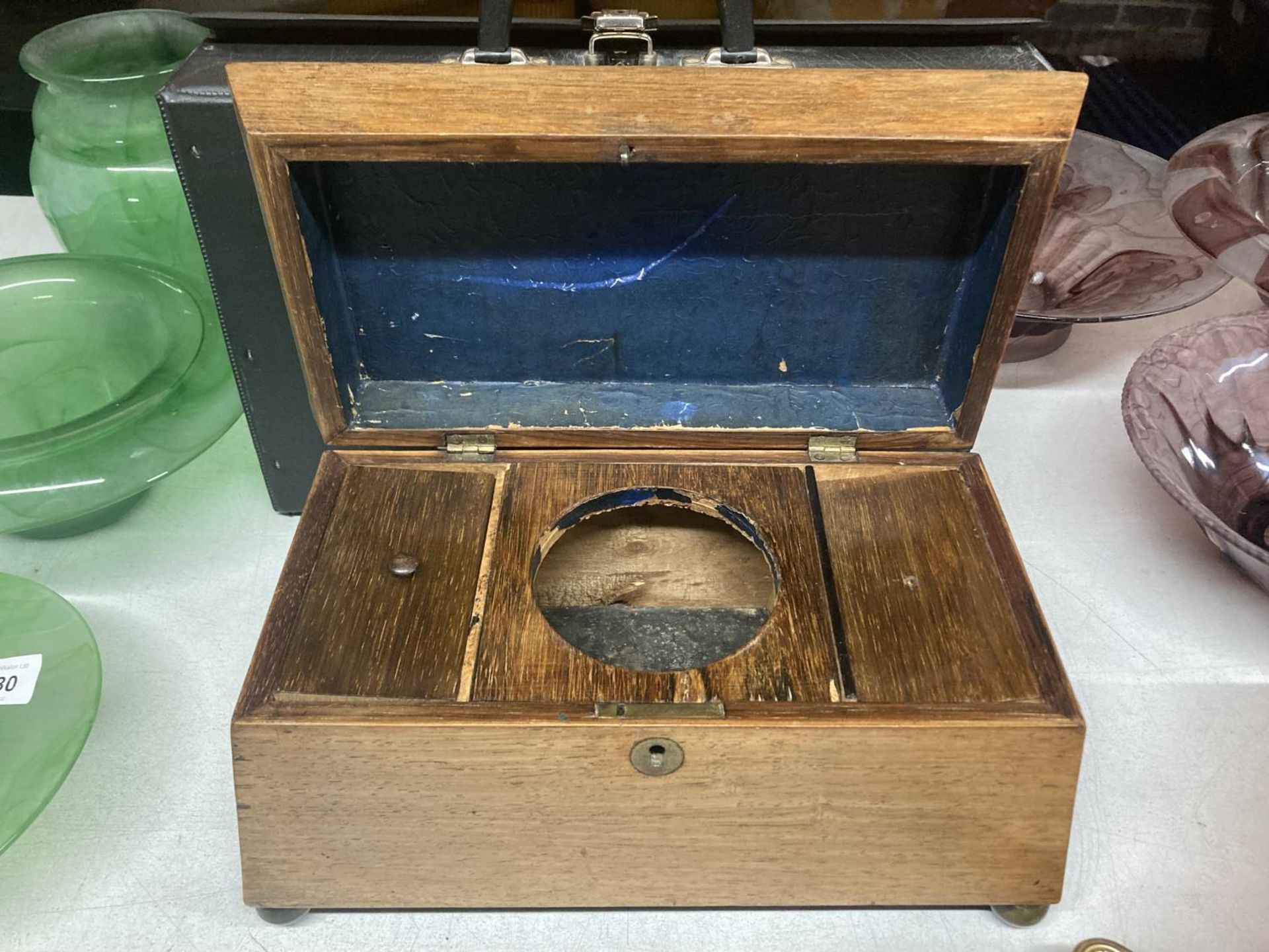 AN OAK SARCOPHOGUS SHAPED TEA CADDY IN NEED OF RESTORATION, A REPLICA WW1 CHRISTMAS TIN PLUS A - Image 4 of 4