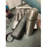 A BOXED ARTHUR PRICE OF ENGLAND FLATWARE SET PLUS A STAINLESS STEEL VACUUM FLASK IN A CASE