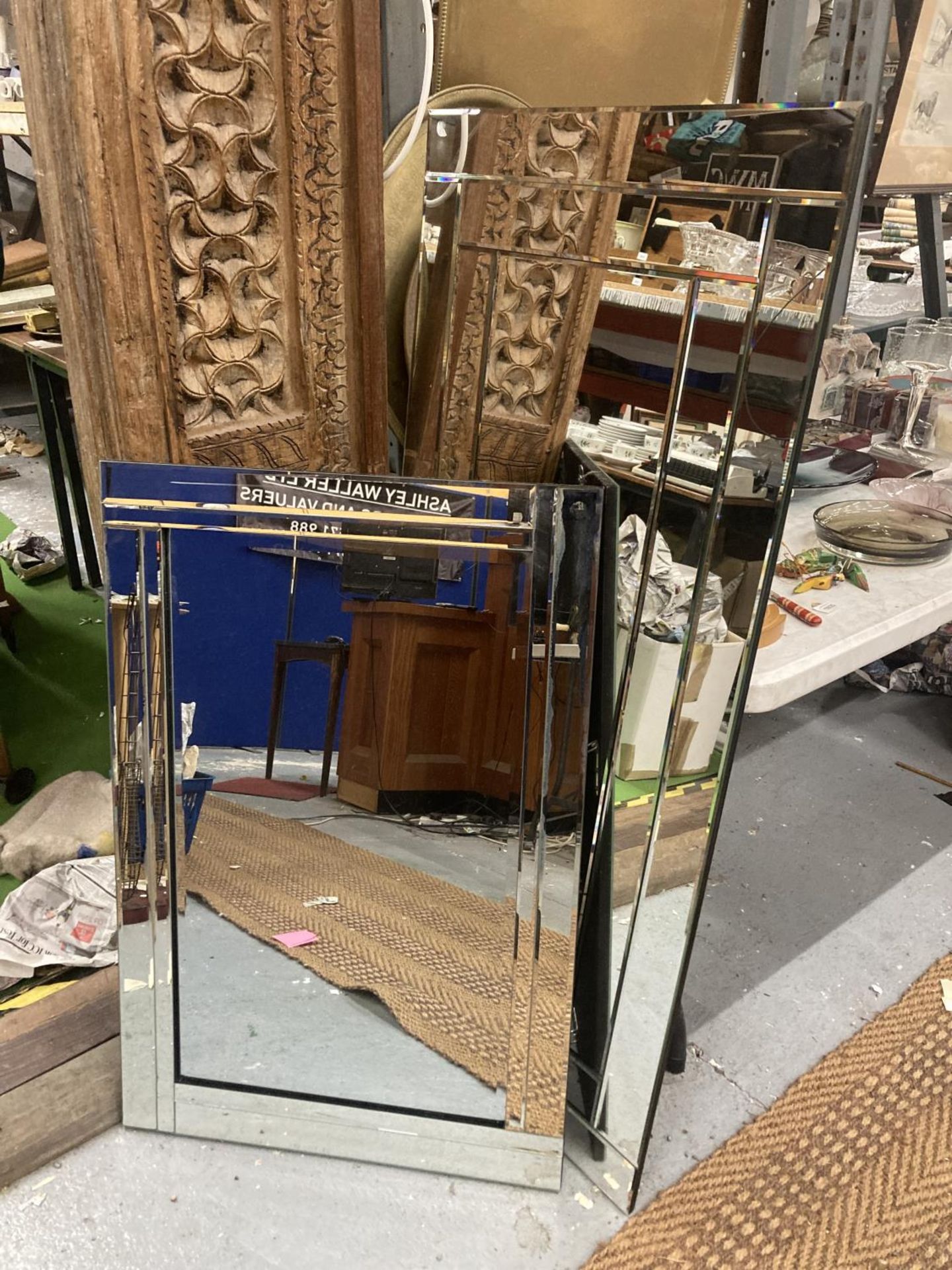 TWO ART DECO STYLE FRAME LESS MIRRORS 129CM X 61CM AND 91CM X 60CM