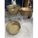 TWO VINTAGE BRASS JAM PANS AND A VINTAGE BRASS SAUCE PAN