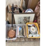 AN ASSORTMENT OF HOUSEHOLD CLEARANCE ITEMS TO INCLUDE CERAMICS, GLASS WARE AND A BED WARMING PAN ETC