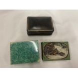 TWO VINTAGE MATCHBOX COVERS AND A TREEN CIGARETTE BOX WITH INLAY TO THE TOP