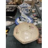 AN OVAL PALISSY BLUE AND WHITE TUREEN AND COFFEE POT, ROYAL NORFOLK WILLOW PATTERNED PLATES,