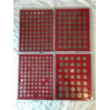 FOUR COIN COLLECTOR'S TRAYS CONTAINING VARIOUS BRITISH COINAGE TO INCLUDE VICTORIAN THREEPENCE AND