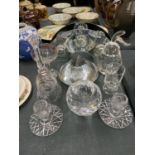 A QUANTITY OF GLASSWARE TO INCLUDE AN ARCHED TEALIGHT HOLDER, PRISM, CANDLE HOLDERS, A LARGE PEAR,