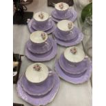 SIX COALPORT PURPLE AND FLORAL TRIOS - ONE CUP A/F