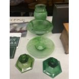 FIVE PIECES OF GREEN CLOUD GLASSWARE TO INCLUDE CANDLESTICKS, A BOWL AND A VASE