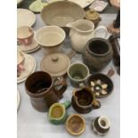 A QUANTITY OF STUDIO POTTERY TO INCLUDE BOWLS, JUGS, POTS, ETC - SOME MARKED TO THE BASE