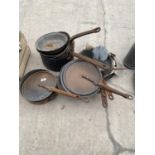 A LARGE ASSORTMENT OF VINTAGE PANS TO INCLUDE A COPPER FRYING PAN ETC