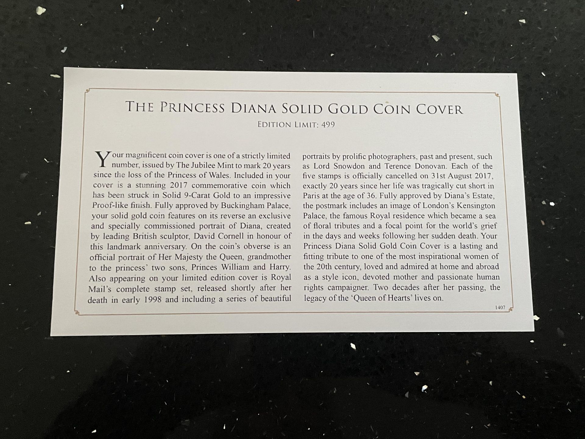 A PRINCESS DIANA 9 CARAT GOLD COMMEMORATIVE COIN COVER - LIMITED EDITION OF 499 - Image 4 of 4