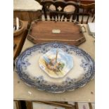 A VINTAGE OAK TRAY WITH GALLERY SIDES, A LARGE BLUE AND WHITE MEAT PLATE AND A FLOSMARON CAKE PLATE